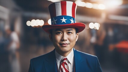 Asian American Man Dressed as Uncle Sam for the 4th of July