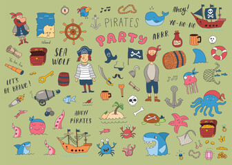 Cute Pirate elements collection. Cartoon sea adventures items set. Vector illustration