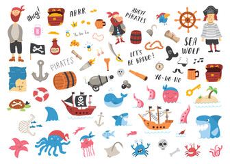 Cute Pirate elements collection. Cartoon sea adventures items set. Vector illustration