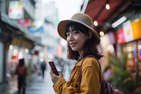 appy Asian woman using mobile smart phone outdoor woman using a mobile phone takes a self video selfie with attractive smile Influencer women vlogging