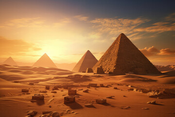 Majestic Sunset Over the Ancient Egyptian Pyramids - obrazy, fototapety, plakaty