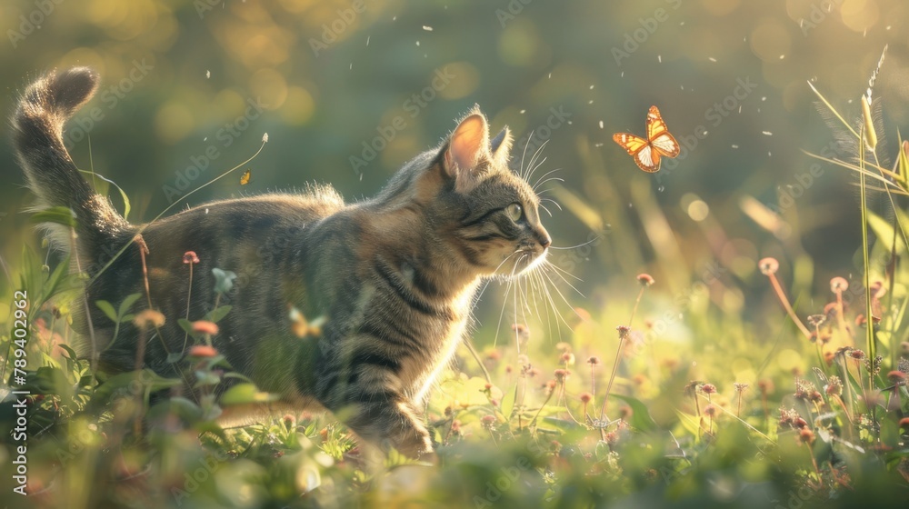Poster cute a tabby cat walks through a summer sunny meadow and looks at a passing butterfly