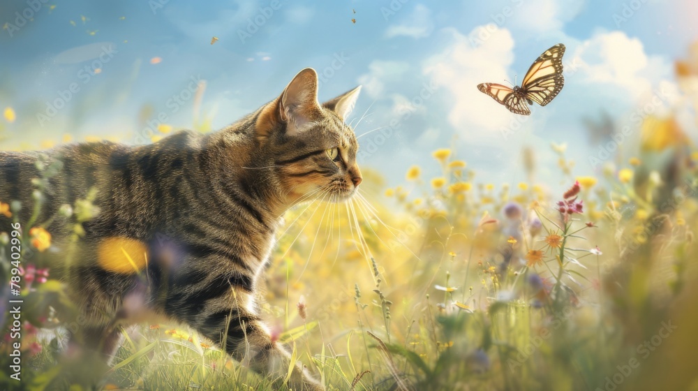 Poster cute a tabby cat walks through a summer sunny meadow and looks at a passing butterfly