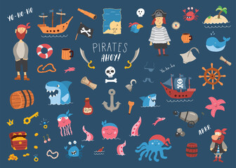 Cute Pirate elements collection. Cartoon sea adventures items set. Vector illustration