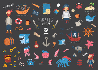 Cute Pirate elements collection. Cartoon sea adventures items set. Vector illustration