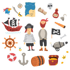Cute Pirate elements collection. Cartoon sea adventures items set. Vector illustration