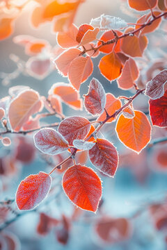 closeup of autumn leaves in snow generated.Ai