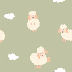 Cute Sheep Seamless Pattern, Cartoon Background vector Illustration