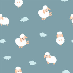Cute Sheep Seamless Pattern, Cartoon Background vector Illustration