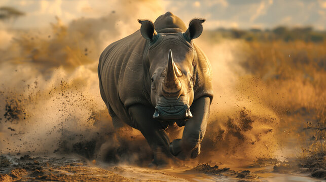 The African rhino runs along the grass. Animals from National Parks Kenya. The punch lifts the dust around him.