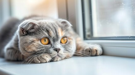 Cute scottish Fold breed cat with yellow eyes lying by the window at home, sunny day view. Soft fluffy purebred short hair lop-eared kitty on windowsill. Background, copy space,