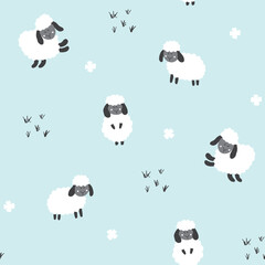 Cute Sheep Seamless Pattern, Cartoon Background vector Illustration