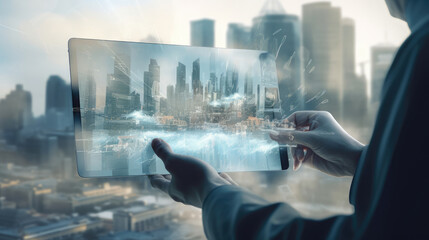 Futuristic City through Transparent Digital Device - obrazy, fototapety, plakaty