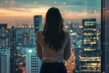 Pensive Woman Silhouette Overlooking Cityscape at Twilight with Warm Glowing Lights