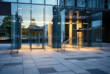 Modern Corporate Office Building Entrance at Dusk