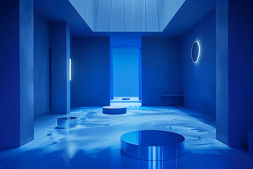 Futuristic Blue Neon Lights in Minimalist Architectural Interior