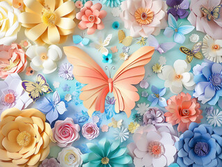 A large butterfly is flying in the center of an all beautiful wall covered with colorful paper flowers.