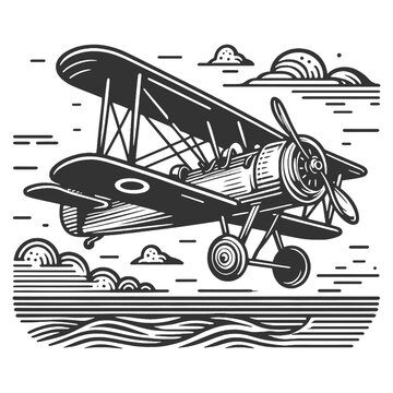 recommend clip art: biplane vintage plane, reminiscent of early aviation history sketch engraving generative ai vector illustration. Scratch board imitation. Black and white image.