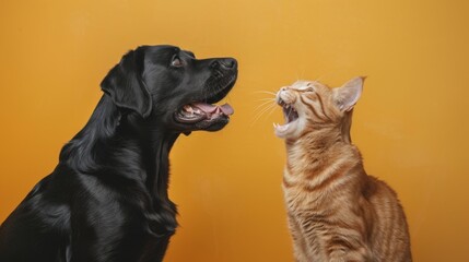 Labrador retriever dog panting and ginger cat sitting in front of dark yellow background