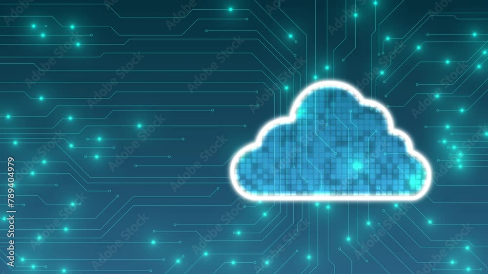 Poster Cloud with circuit on blue background. Cloud computing technology concept