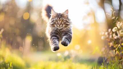 playful young blue tabby maine coon cat jumping over meadow floating in the air looking straight ahead
