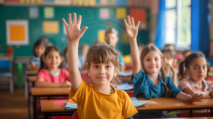 Fototapeta na wymiar Children in elementary school are raised hand in clasroom.