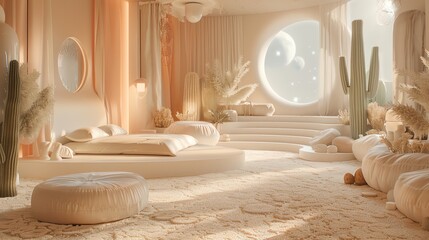 Pastel-toned minimal room in heaven with floating cacti, soft space-themed decor, serene and airy