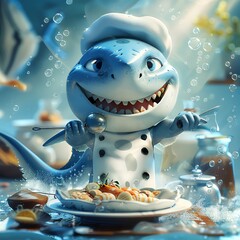 Cute shark-human fusion cooking a seafood feast, cartoon 3D style, bubbles and marine details, undersea culinary adventure