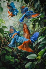 Vibrant Avian Display: Blue Orange Birds Amidst Lush Foliage