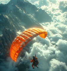The paratrooper flies above the mountains. Mountains in the clouds. Orange parachute. Mountain views from heights