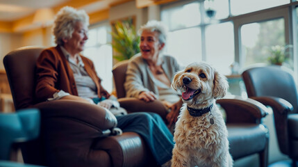 des animaux dans une maison de retraite ou les personnes âgées peuvent caresser des chiens pour développer leurs relations