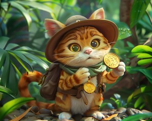 Whimsical treasure hunter cat in 3D cartoon style, clutching a golden coin, lush jungle setting, bright and engaging