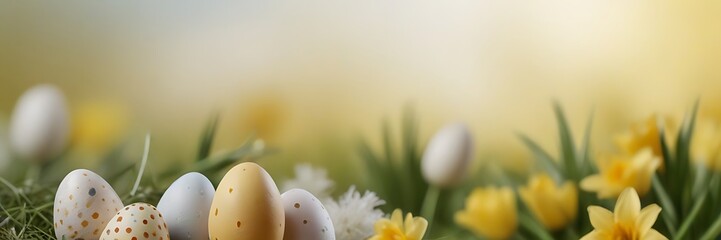 Easter decor concept. Top view photo of yellow pink blue easter eggs and sprinkles on isolated...