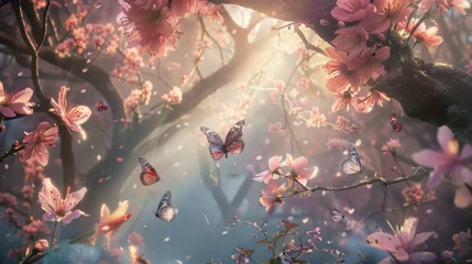 Fototapete Schmetterlinge im Grunge Enchanting Sakura Blossom: A Serene Haven of Pink Petals and Fluttering Butterflies