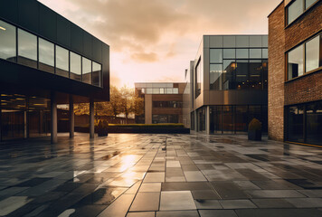 Fototapeta premium Modern Office Complex Under Golden Sunset Sky