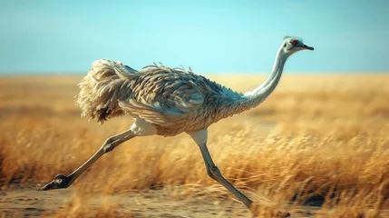 Foto auf Acrylglas African ostrich runs along the grass. The animal world of Kenya. Ostrich in motion. Kenya National Park. © Gregorii