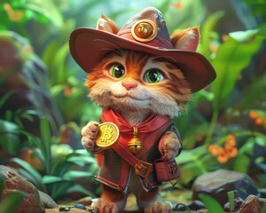 Whimsical treasure hunter cat in 3D cartoon style, clutching a golden coin, lush jungle setting, bright and engaging