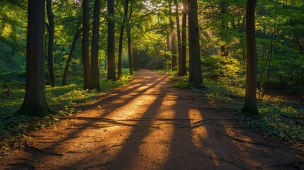 Obraz premium Shadows of tree branches dancing on a sunlit path in a forest, illustrating the interplay between light and shadow in natural environments.