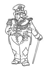 Handmade drawing with a dog in steampunk clothes. Funny mastiff dressed as a general for coloring.	
