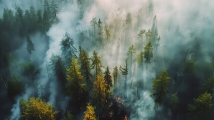 Smoke billowing from burning trees in a forest, illustrating the environmental hazards and air pollution caused by uncontrolled wildfires.