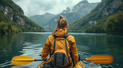The girl on canoe floats along the mountain lake. A woman is in a kayak tourist. Mountain Lake.
