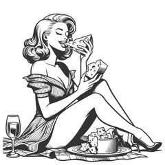 Retro pin-up girl woman eats cheese sketch engraving generative ai fictional character vector illustration. Scratch board imitation. Black and white image.