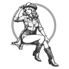 confident western cowgirl, tipping her hat with a smile sketch engraving generative ai fictional character vector illustration. Scratch board imitation. Black and white image.