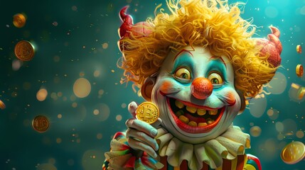 Adorable 3D cartoon mini clown with a big smile, sneakily taking a coin, colorful and lively