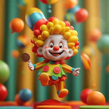 Cute mini clown cartoon in 3D, joyfully stealing a coin, vibrant colors and playful scene