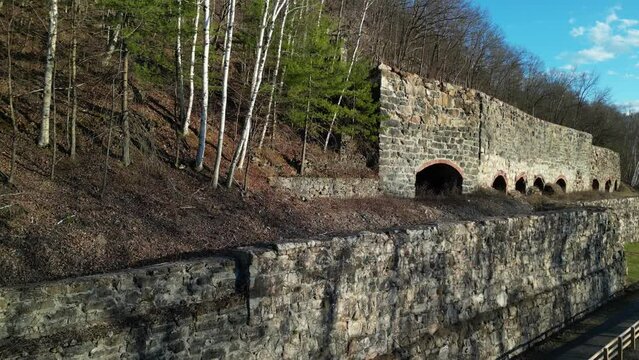 cement kiln ruins (aerial footage along wallkill valley rail trail between kingston and rosendale new york) industrial limestone production (history, historic manufacturing) oven burn production