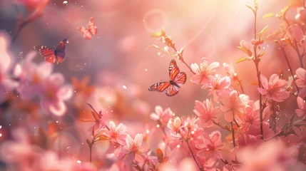 Rideaux velours Papillons en grunge Enchanting Sakura Blossom: A Serene Haven of Pink Petals and Fluttering Butterflies