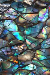 A mosaic of iridescent abalone shell pieces, each reflecting different colors and patterns, creates an intricate pattern on the wall. The texture is detailed with the lustrous sheen of pearls scattere