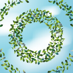 Green Leaves. Circular arrangement of leaves soaring against a serene blue sky, evoking a sense of freedom and harmony with nature.