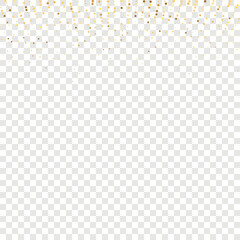 Star Sequin Confetti on Transparent Background. Christmas Party Frame. Isolated Flat Birthday Card. Golden Stars Banner. Vector Gold Glitter. Falling Particles on Floor. Voucher Gift Card Template.